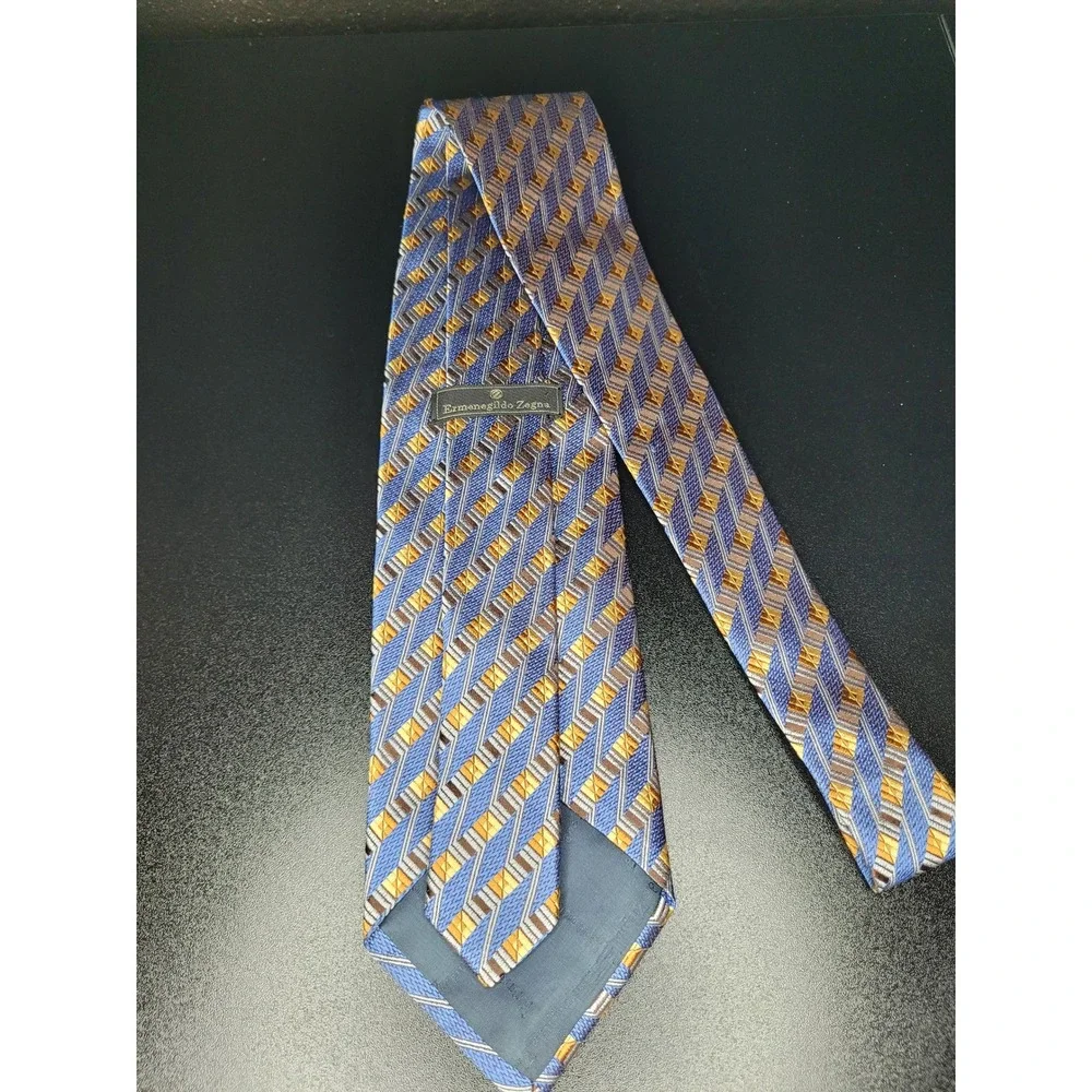 Ermenegildo Zegna Men's Necktie Blue Gold Geometric Silk 3.75x58 Excellent